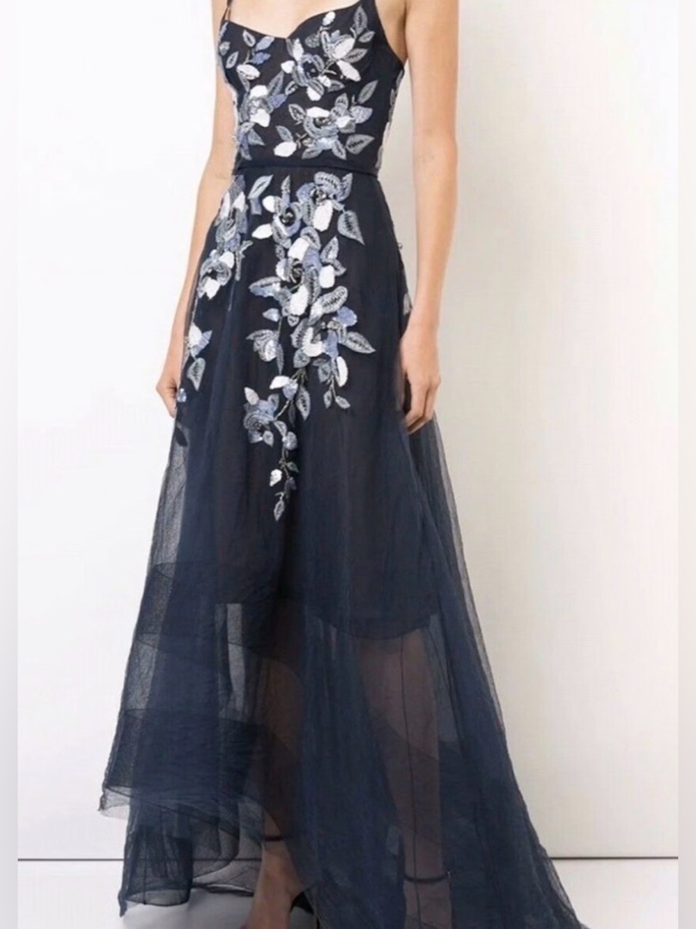 Marchesa Notte Navy Floral Appliqué Tulle Evening Dress